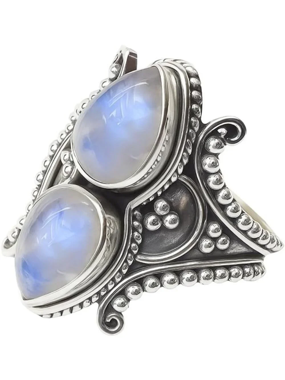 Bohemian Vintage 925 Sterling Silver Double Pear Cabochon Statement Ring